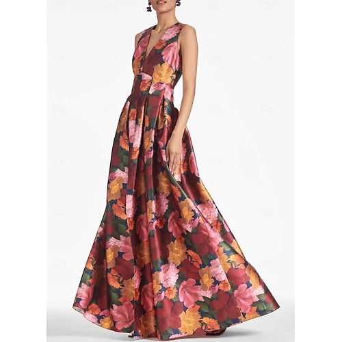 Robe de Soirée A-Line Avec Fente Haute Robe de Plage Mariage Formelle Invité de Mariage Longueur de Sol Sans Manches Encolure en V Poches Satin avec Imprimé Floral Fente Poche Robe de Jour de Course