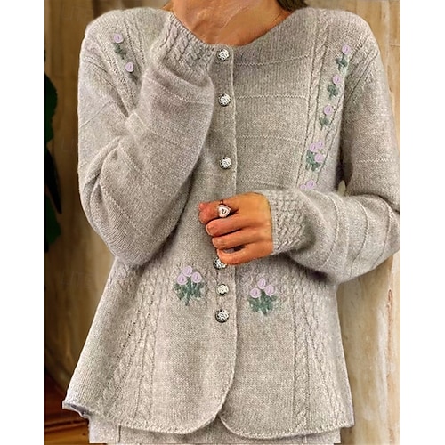 Damen Pullover Strickjacke Rundhals Zopfmuster bestickte Knöpfe gestrickt überschnittene Schultern Frühling Herbst Zuhause Alltag Urlaub Vintage Alltag weich Langarm Blumen reine Farbe Kamel Beige