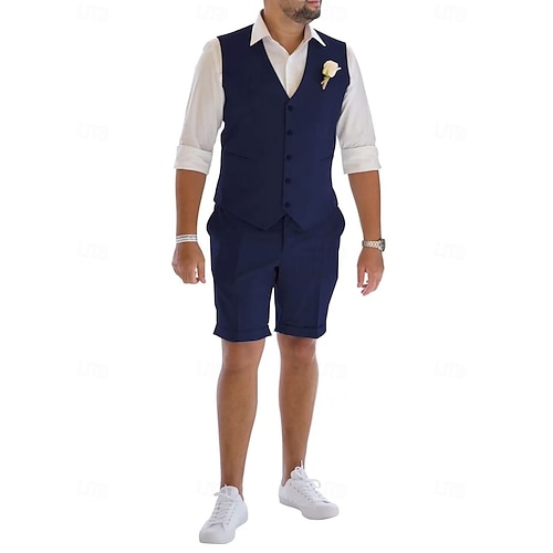  Men's Linen Suits Wedding Shorts Waistcoat Beach Summer Solid Formal Light Blue Sky Blue Dark Navy Colored Causal 2 Piece Tailored Fit