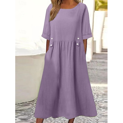 Femmes Robe Midi Robes en coton et lin Robe Décontractée Robe en coton et lin Élégant ancien Basique Vacances Quotidien Coupe Ample Uni Manche Courte Col ras du cou Blanche Violet Vert Gris Ét