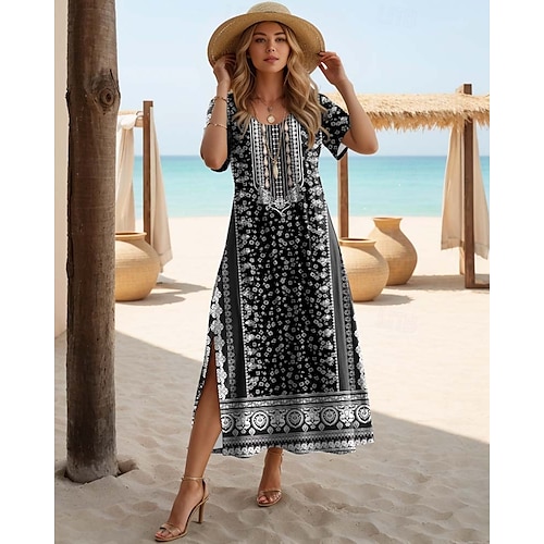  Női Maxi Ruha T Ing Ruha Tee Ruha Napernyő Ruha Átmeneti Ruha Bohemia Vakáció Parti Üdülés Rendes Fit Vintage Boho Rövid Ujjú Kerek Nyak Fekete Piros Tengerkék Kék