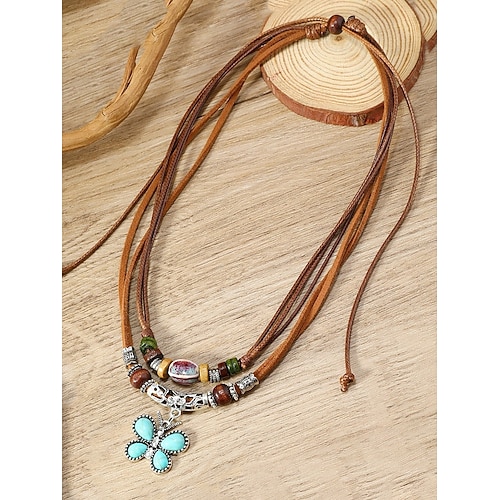 Collar de cuero con colgante de mariposa vintage: joyería de cuentas ajustable de estilo bohemio para mujeres y hombres, perfecta para uso informal y festivo