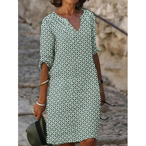 Femmes Mini Robe Robes en coton et lin Robe Décontractée Élégant Basique Occasionnel Vacances Quotidien Coupe régulière Géométrique Manche Courte Col en V Jaune Bleu Vert Gris Été Printemps