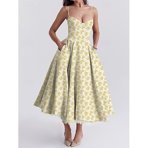 Retro Vintage 1950s Midi Dress Flare Dress Spaghetti Strap Corset Floral A-Line Fancy Dress Women's Masquerade Wedding Vacation Tea Party Adults' Dress 2026