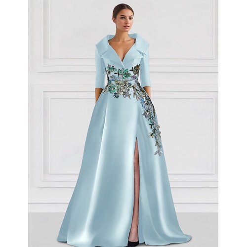 Robe de soirée florale en A brodée robe élégante mariage formel longueur de sol à manches demi-col en satin avec fente
