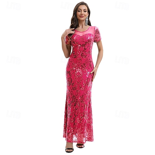 1920s Vintage Inspired Ankle Length Long Length Evening Dress Short Sleeves  The Great Gatsby Sequin Round Neck Scoop Neck Fancy Dress Women's Carnival Evening  Party Masquerade Birthday Party Adults' 2026 - $47.99