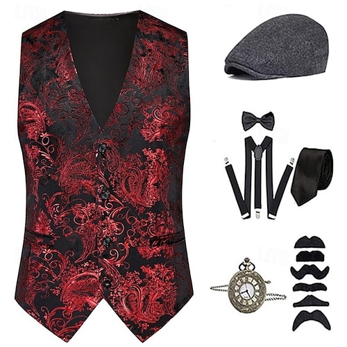 1920s Vintage Inspired The Great Gatsby Party Costume Accesories Set  Sleeveless Printing Collarless Fancy Dress Men's Halloween Party & Evening  Casual Daily Adults' Vest Hat All Seasons 2026 - $53.99
