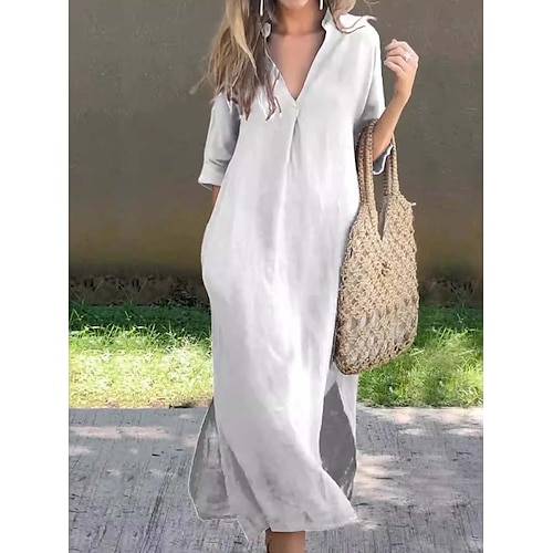 Femmes Robe Longue Maxi Robe Robes inspirées du lin Élégant Coupe régulière Demi Manches Col en V Noir Blanche Été Printemps