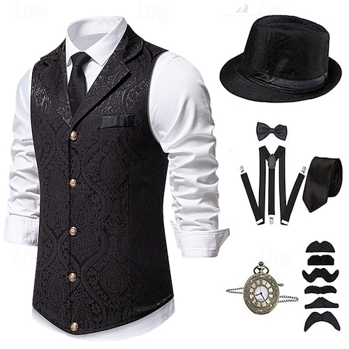 1920er Vintage inspiriert Der große Gatsby Partykostüm Maskerade Zubehörset Ärmellos Druck Umlegekragen Kostüm Herren Halloween Party & Abend Alltagstauglich Erwachsene Weste Hut Ganzjahres