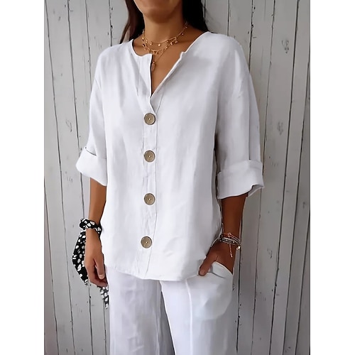 Damen Hemd Baumwoll-Leinen-Hemden Knopfleiste Bluse Einfarbig Basic Lässig Dreiviertelarm V Ausschnitt Normale Oberteile Täglich Knöpfe Schwarz Weiß Rote Khaki Sommer