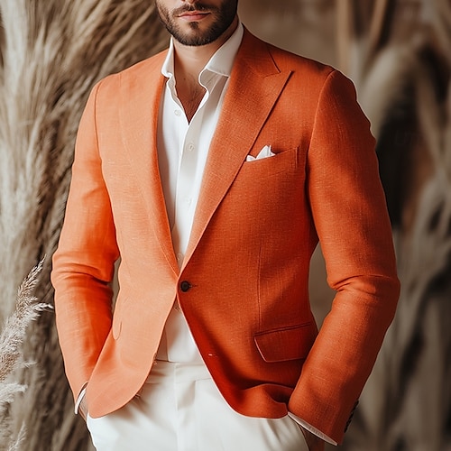 Hombre Chaqueta de lino Chaqueta deportiva Cuello de muesca Moda Casual Color sólido Amarillo Naranja Beige Estándar Recto 1 botón