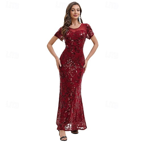 1920s Vintage Inspired Ankle Length Long Length Evening Dress Short Sleeves  The Great Gatsby Sequin Round Neck Scoop Neck Fancy Dress Women's Carnival  Evening Party Masquerade Birthday Party Adults' 2026 - CAD $48.99