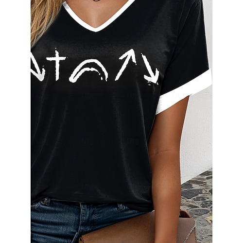 Ostern Damen T-Shirt Grafik Buchstaben elegant Vintage lässig Kurzarm V-Ausschnitt normale Oberteile Alltag Wochenenddruck schwarz Sommer