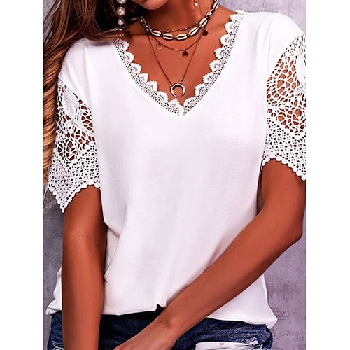 Women's T Shirt Plain Fashion Modern Casual Short Sleeve V Neck Regular Tops Daily Going out Weekend Lace Patchwork Eyelet White Pink Purple Light Blue Summer Spring