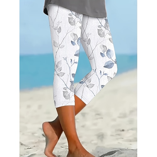  Women's Leggings Capri Pants High Elasticity Fashion Streetwear Full Length High Waist Floral Printing Thermal Warm Breathable Soft  Outdoor Daily White Summer Spring Fall Regular Fit