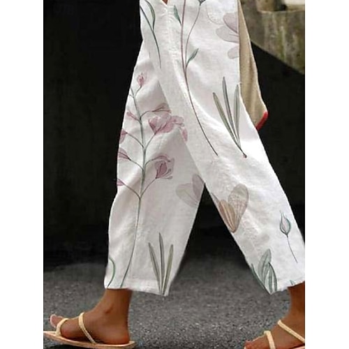  Calças Femininas de Algodão e Linho Calças Largas Semelhantes a Linho Elegante Moda Vintage Comprimento Total Cintura Alta Impressão Floral Respirável Macia Micro-elástica ao Ar Livre Diária