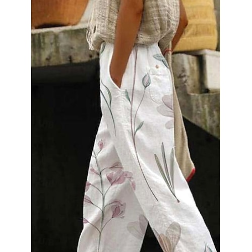  Calças Femininas de Algodão e Linho Calças Largas Semelhantes a Linho Elegante Moda Vintage Comprimento Total Cintura Alta Impressão Floral Respirável Macia Micro-elástica ao Ar Livre Diária