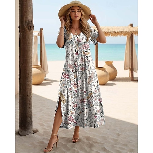  Női Maxi Ruha T Ing Ruha Tee Ruha Napernyő Ruha Átmeneti Ruha Bohemia Vakáció Parti Üdülés Rendes Fit Vintage Boho Rövid Ujjú Kerek Nyak Fekete Piros Tengerkék Kék