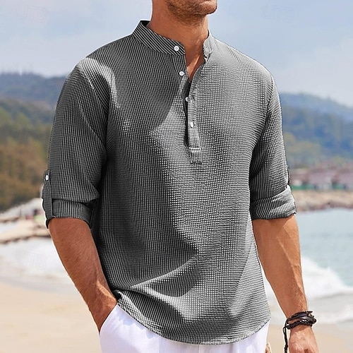  Bărbați Cămașă Cămașă popover Cămașă de vară Cămașă casual Cămașă de plajă Cămașă Waffle Knit Negru Alb Albastru piscină Albastru celest Verde Militar Manșon Lung Simplu Guler de stand Vacan