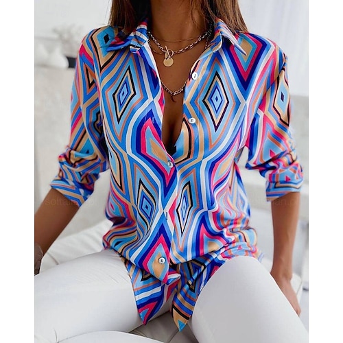 Camicia da donna basic neon e bottoni geometrici stampa maniche lunghe top regolare colletto casual blu marrone verde primavera autunno