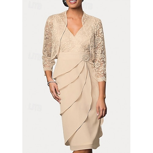Robe Mère de la Mariée Deux Pièces Invité de Mariage Élégante Col V Genoux Chiffon Dentelle Manches 3/4 Wrap Inclus Avec Broderie Volants Cascadants 2025 taille personnalisée gratuite
