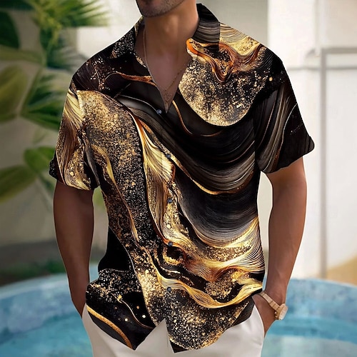 Per uomo Lusso Astratto Marmo Camicia Camicia con Bottoni Manica Corta Moda Casual Vacanza Ferie Abbigliamento casual alla moda Estate Primavera Collo ripiegato Stampa 3D camicie con colletto Nero