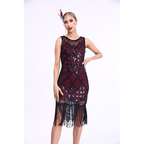 open lace back dress Zapaka Women Black 1920s Sequin Dress Fringed Vintage Party Dress, Black / L
