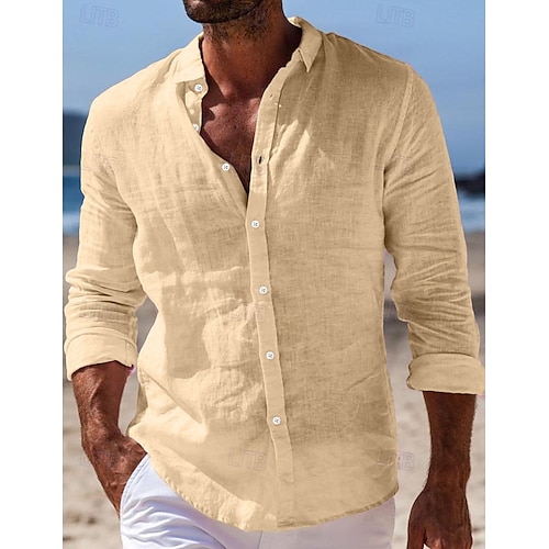  Per uomo Camicia camicia di lino Camicia estiva Abbigliamento mare Camicia con bottoni Liscio Informale Giornaliero Nero Bianco Rosa Blu marino Manica lunga Collo ripiegabile Primavera estate
