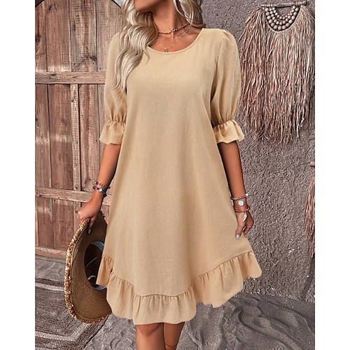 Femmes Mini Robe Robes inspirées du lin Robe Décontractée Robe en coton et lin Élégant Occasionnel Vacances Quotidien Date Coupe régulière Uni Demi Manches Col ras du cou Noir Kaki Vert Véronèse Ét