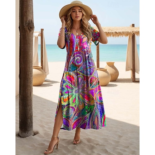  Női Maxi Ruha T Ing Ruha Tee Ruha Napernyő Ruha Átmeneti Ruha Bohemia Vakáció Parti Üdülés Rendes Fit Vintage Boho Rövid Ujjú Kerek Nyak Fekete Piros Tengerkék Kék
