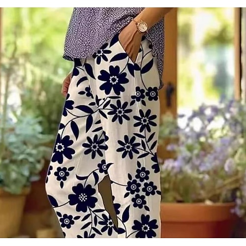  Dam bomullslinne byxor Baggy byxor Linne-liknande Mode Streetwear Hela längden Hög midja Blomster grafiskt tryck Termisk Varm Andningsbar Mjuk Mikroleastisk Utomhus Daglig