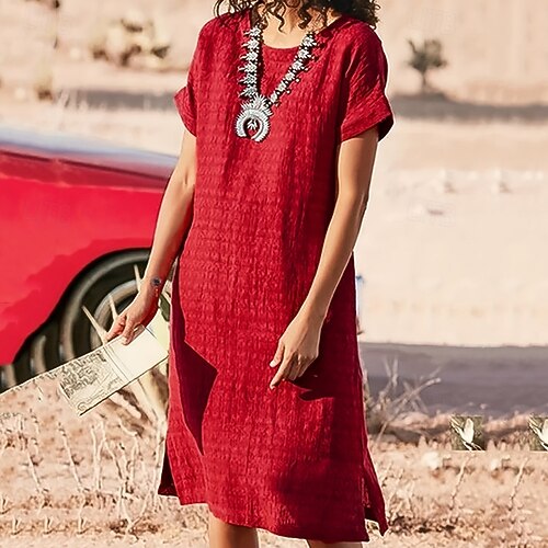 dark red casual dress MISSKY Women's 3/4 Sleeve Pocket Loose Midi Casual Red Dresses for Women (XL,Wine) at Amazon Women's Clothing store