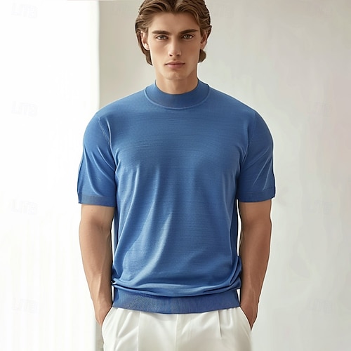 Per uomo Maglietta Finto dolcevita Manica Corta Girocollo Collo alla coreana Estate Primavera Maglieria Vacanza Vintage Lavoro a maglia Scuola Allenamento All'aperto Grigio scuro azzurro cielo Nero