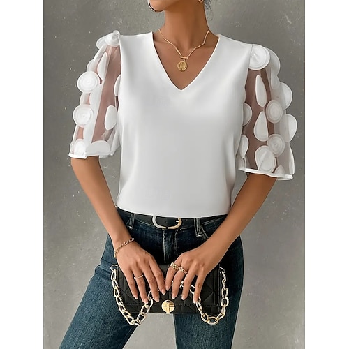 Chemisier Femme Noir Blanche Couleur unie / unie Dentelle du quotidien Elégant Col V Standard S Chemisier Femme Noir Blanche Couleur unie / unie Dentelle du quotidien Elégant Col V Standard S