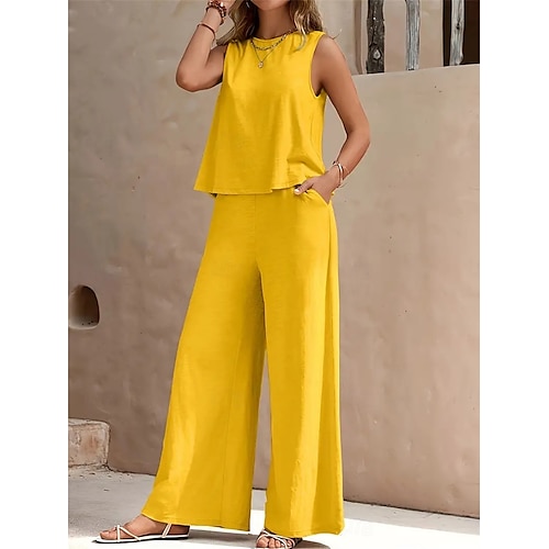 Femmes Élégant Mode Streetwear Ensembles deux pièces Chemisier Gilet Pantalons Sans manches Col ras du cou Couleur Unie Extérieur Travail Occasionnel Noir Jaune Bleu Marine Été Coupe régulière