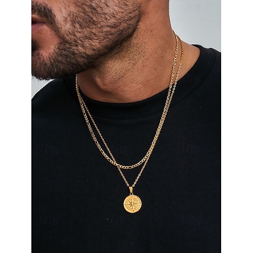 Collier pendentif boussole vintage pour homme – chaîne double couche en alliage de métal, amulette viking nordique, bijoux nautiques pour voyage et aventure