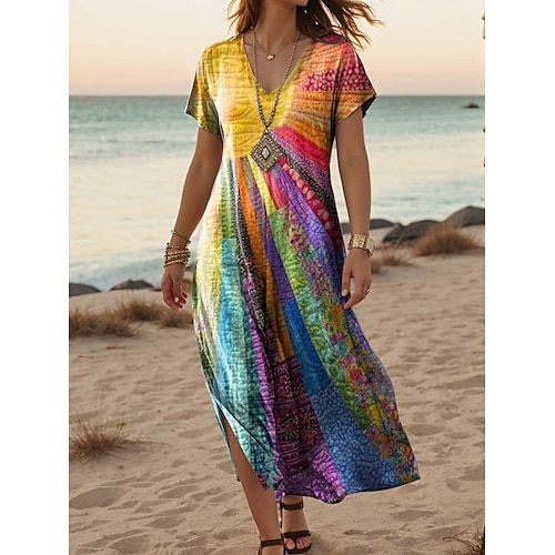 

Damen Maxidress Casual kleid A Linie Kleid Stilvoll Brautkleider schlicht Urlaub Täglich Regular Fit Blumen Kurzarm V Ausschnitt Weiß Hellgrün Blau Grün Sommer Frühling