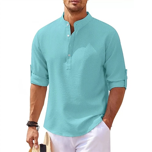 

Men's Shirt Popover Shirt Summer Shirt Casual Shirt Beach Shirt Waffle Knit Shirt Black White Light Green Pink Navy Blue Long Sleeve Plain Stand Collar Vacation Hawaiian Buttons Clothing Apparel