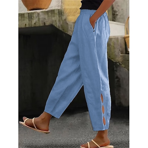 

Women's Cotton Linen Pants Chinos Fashion Streetwear Ankle-Length High Waist Plain Pocket Elastic Waistband Comfy Soft Comfortable Micro-elastic Outdoor Street Robin's Egg Blue White Khaki Gray