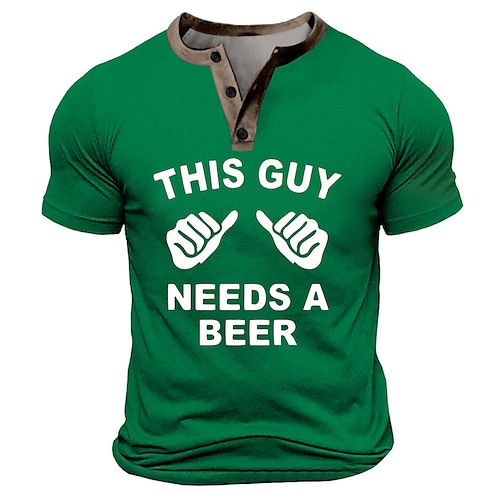 

Men's St. Patrick Text Funny Beer This Guy Needs A Beer T Shirt Henley Shirt Short Sleeve Designer Retro Vintage Street Casual Daily Summer Spring Army Green Black Navy Blue Lime Green Henley Henley