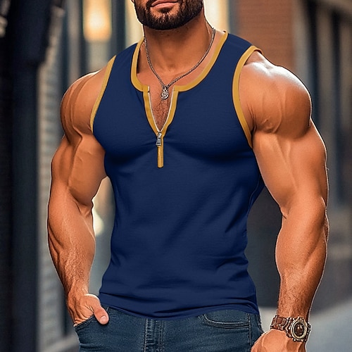 

Men's Tank Top Vest Undershirt Sleeveless Shirt Sleeveless U Neck Summer Color Block Patchwork Fashion Classic Comfortable Zipper Street Casual Sports Black White Navy Blue Top Tee for Men