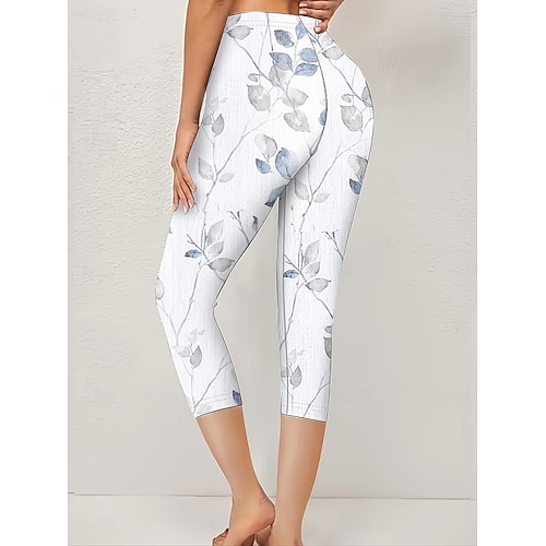  Women's Leggings Capri Pants High Elasticity Fashion Streetwear Full Length High Waist Floral Printing Thermal Warm Breathable Soft  Outdoor Daily White Summer Spring Fall Regular Fit