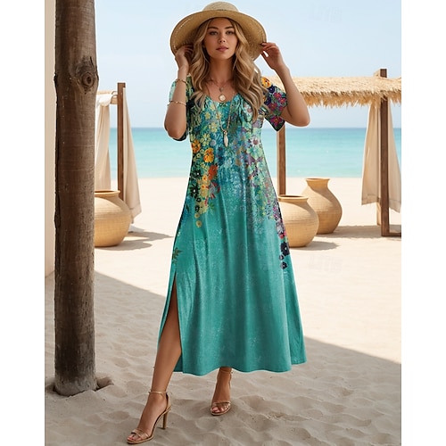 Damen Maxi Kleid T-Shirt Kleid Tee Kleid Sommerkleid Shift Kleid Elegant Urlaub Vintage Urlaubsfeier Feiertag Regulär Fit Floral Vintage Kurzarm Rundhalsausschnitt Pfauenblau
