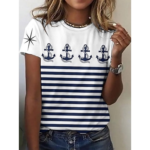  Valentinstag Damen T Shirt Blumen Lässig Kurzarm Rundhals Normale Oberteile Täglich Druck Weiß Wein Marineblau Blau Staubiges Blau Sommer