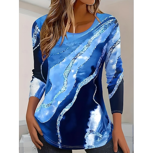 T-shirt da donna a manica lunga con scollo rotondo tunica ombre marmo elegante vintage top regolari stampa quotidiana per uscite weekend nero bianco rosa blu navy blu prefestivo