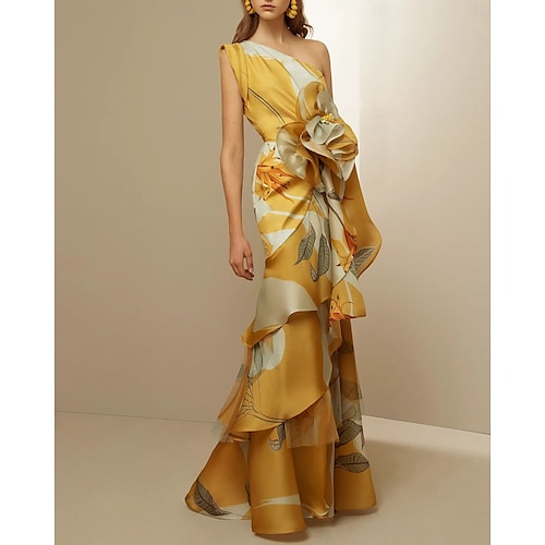 Robe de soirée A-Line jaune robe vintage formelle longueur sol sans manches une épaule satin avec imprimé floral pailleté volants robe d'invitée de mariage 2025