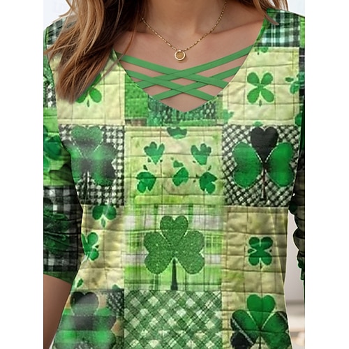  St. Patrick Women's T Shirt Casual Long Sleeve V Neck Regular Tops Daily Cut Out Print Green Spring Fall
