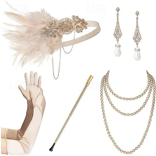 Goldene Zwanziger 1920er Flapper-Stirnband Zubehörset Der große Gatsby Charleston Feder Damen Neujahr Maskerade Party Junggesellinnenabschiedsparty Erwachsene Handschuhe Ohrringe Halskette