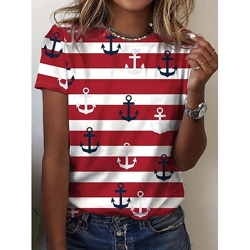  Valentinstag Damen T Shirt Blumen Lässig Kurzarm Rundhals Normale Oberteile Täglich Druck Weiß Wein Marineblau Blau Staubiges Blau Sommer