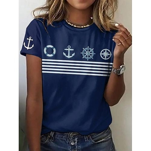  Valentinstag Damen T Shirt Blumen Lässig Kurzarm Rundhals Normale Oberteile Täglich Druck Weiß Wein Marineblau Blau Staubiges Blau Sommer